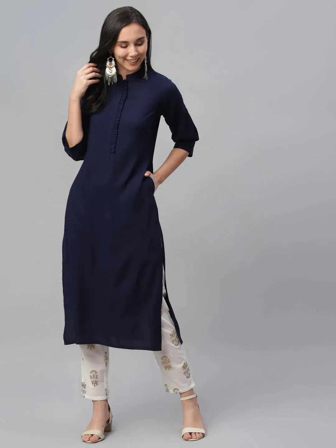 Blue Solid Rayon Kurta - Libas