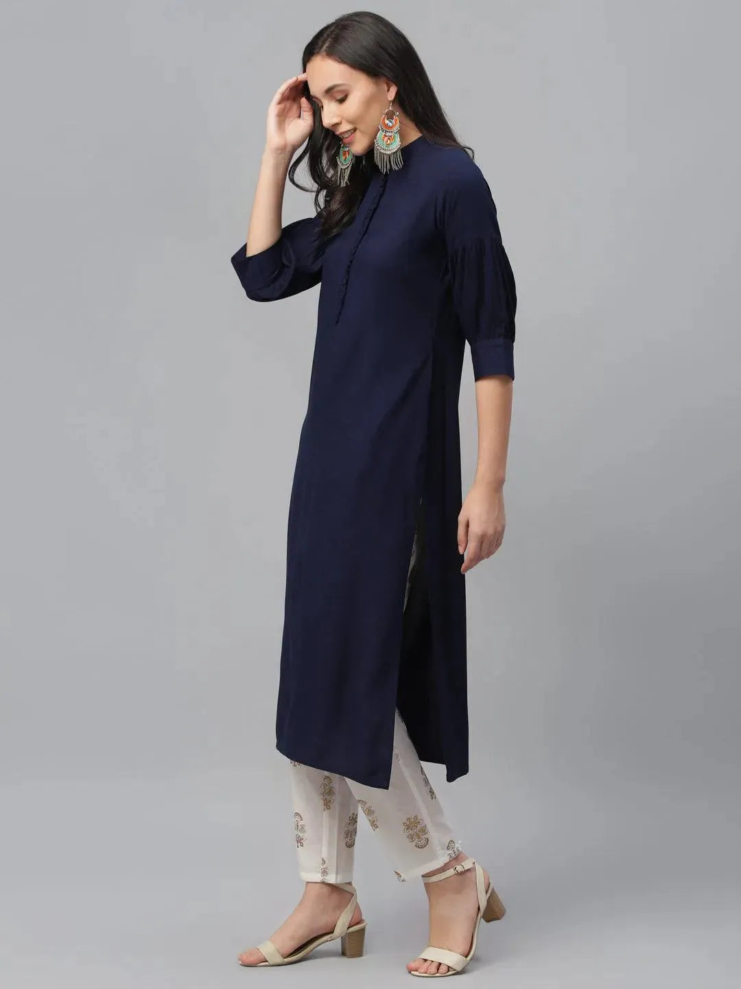 Blue Solid Rayon Kurta - Libas