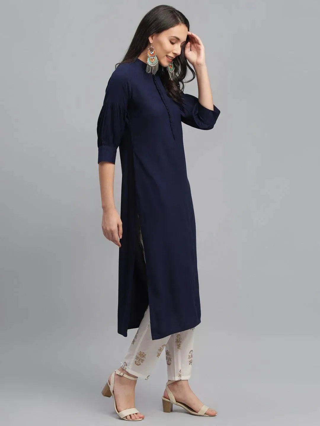 Blue Solid Rayon Kurta - Libas