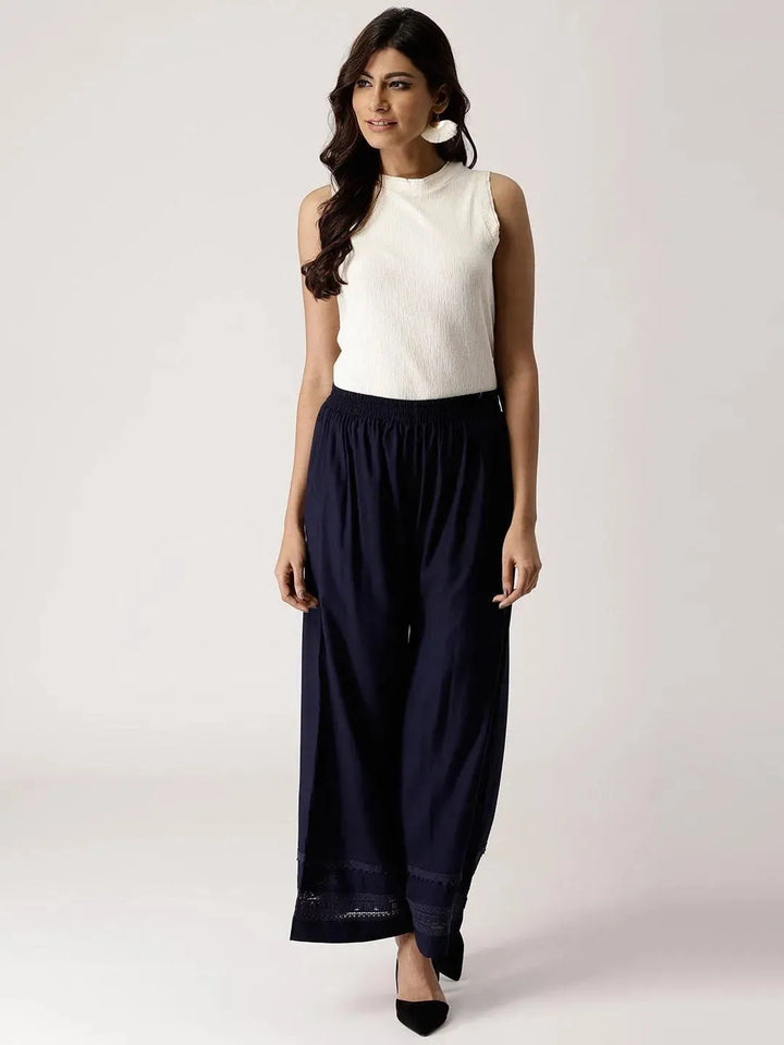 Blue Solid Rayon Palazzos - Libas