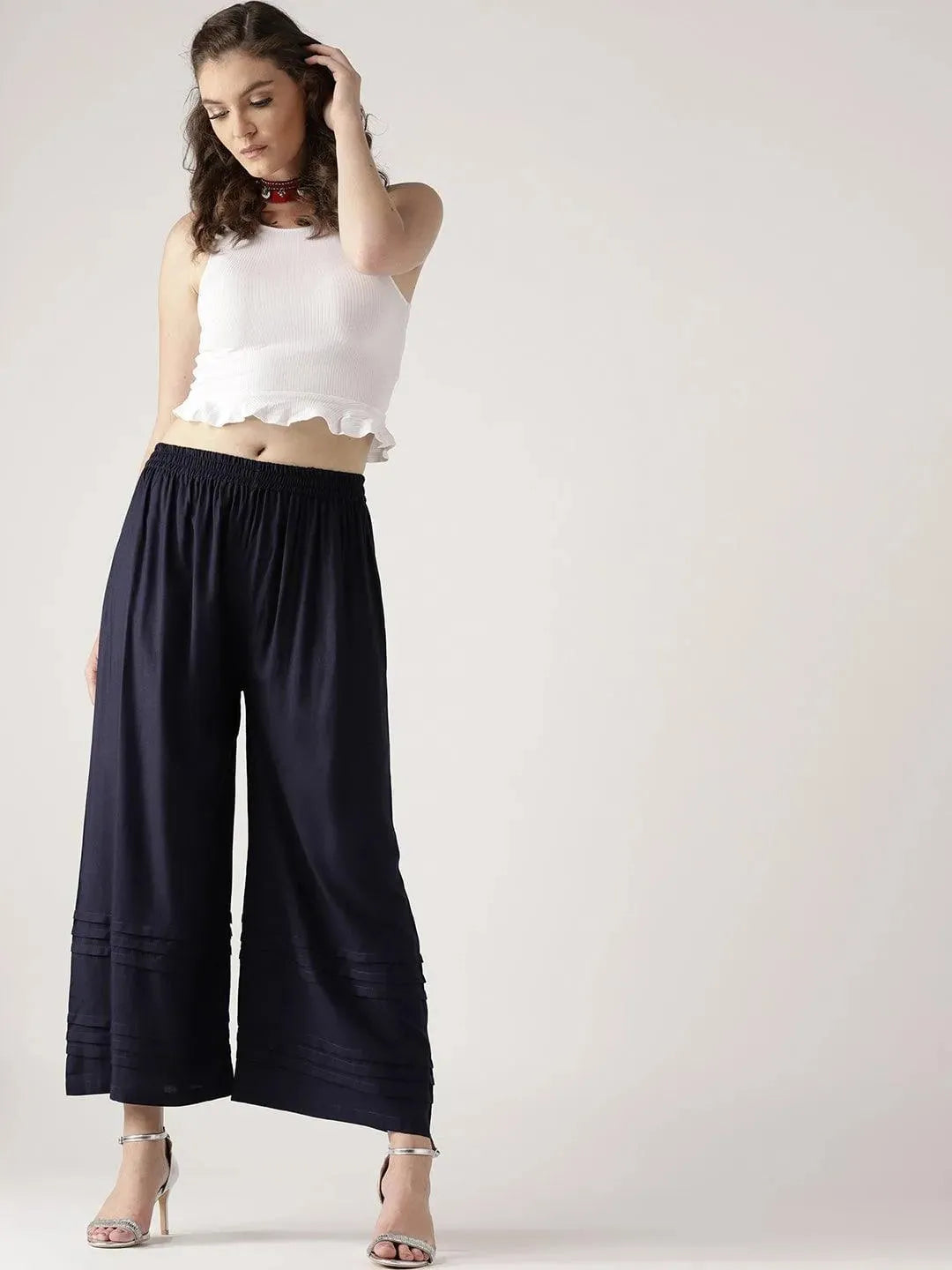 Blue Solid Rayon Palazzos - Libas 