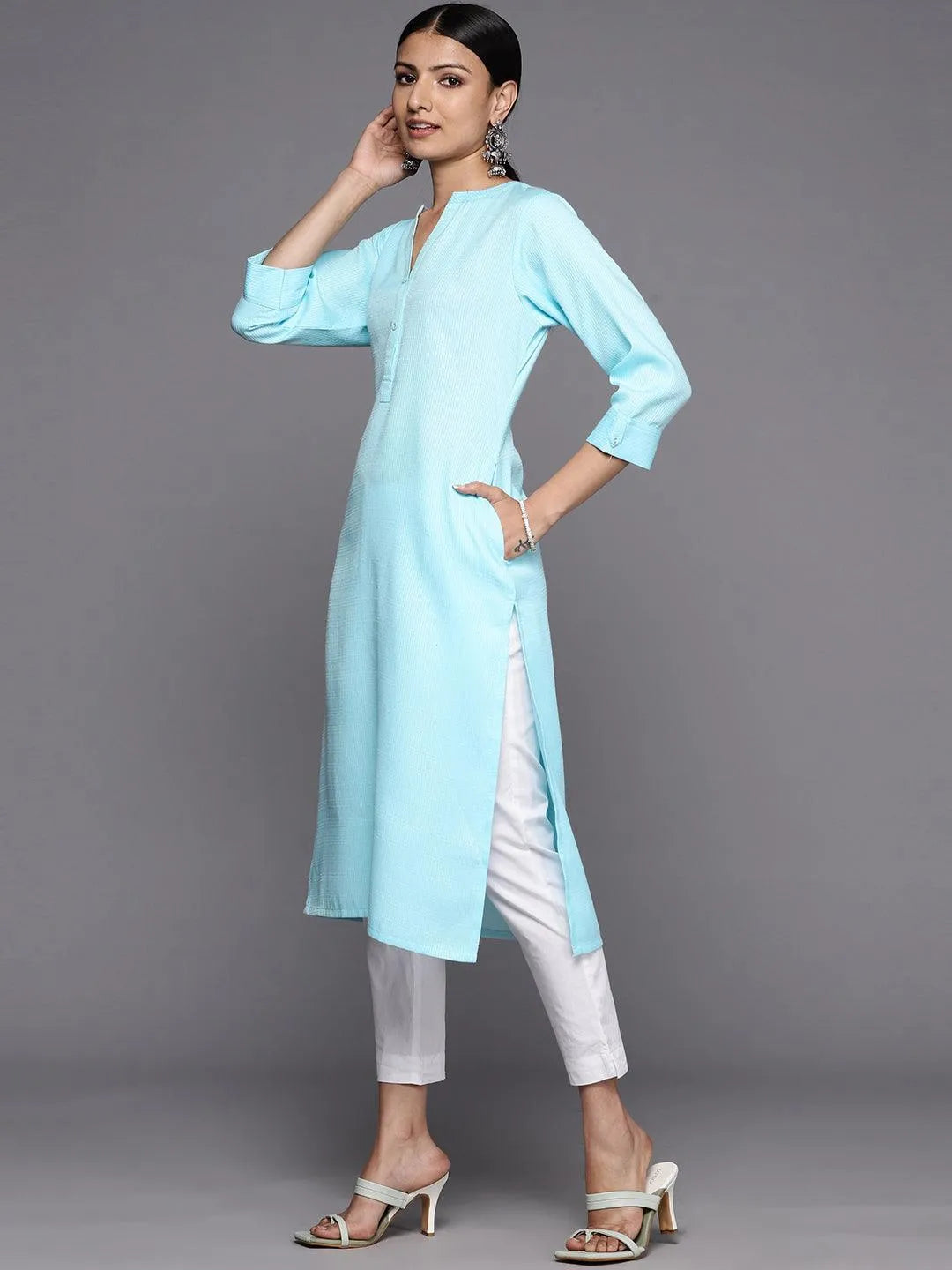 Blue Solid Rayon Straight Kurta - Libas