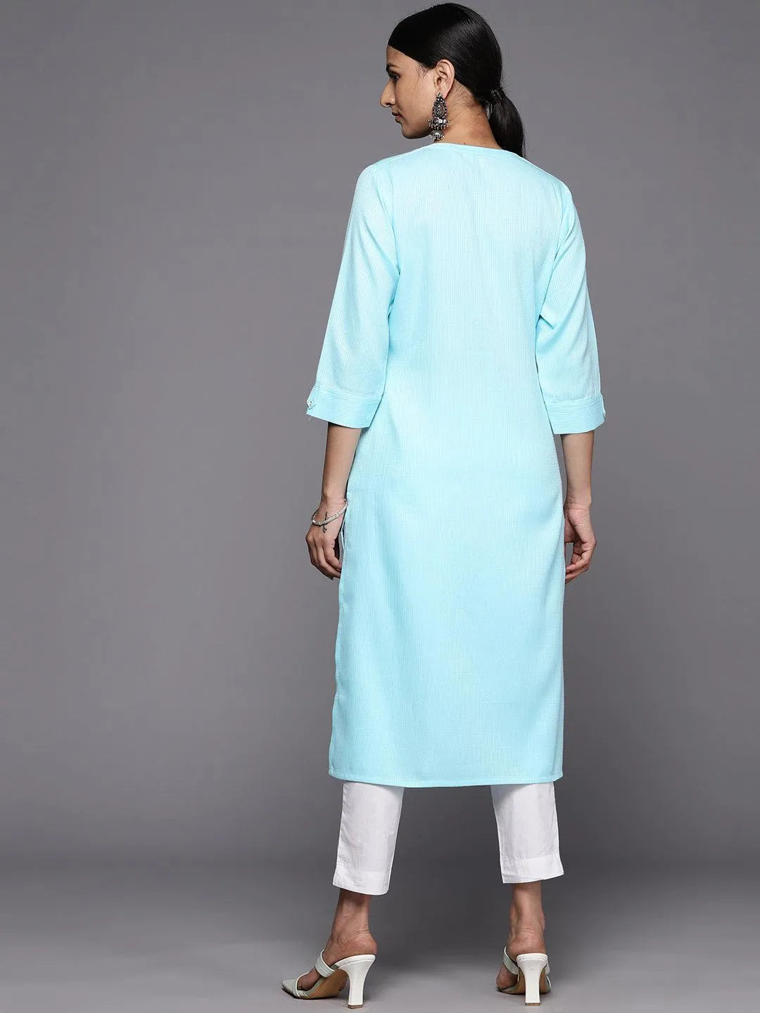 Blue Solid Rayon Straight Kurta - Libas