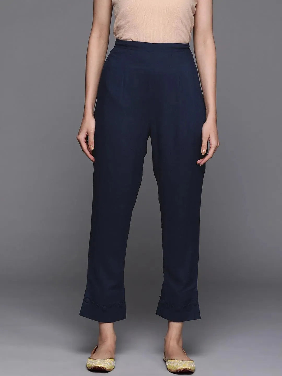 Blue Solid Rayon Trousers - Libas