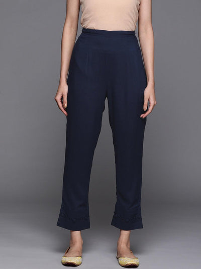 Blue Solid Rayon Trousers - Libas