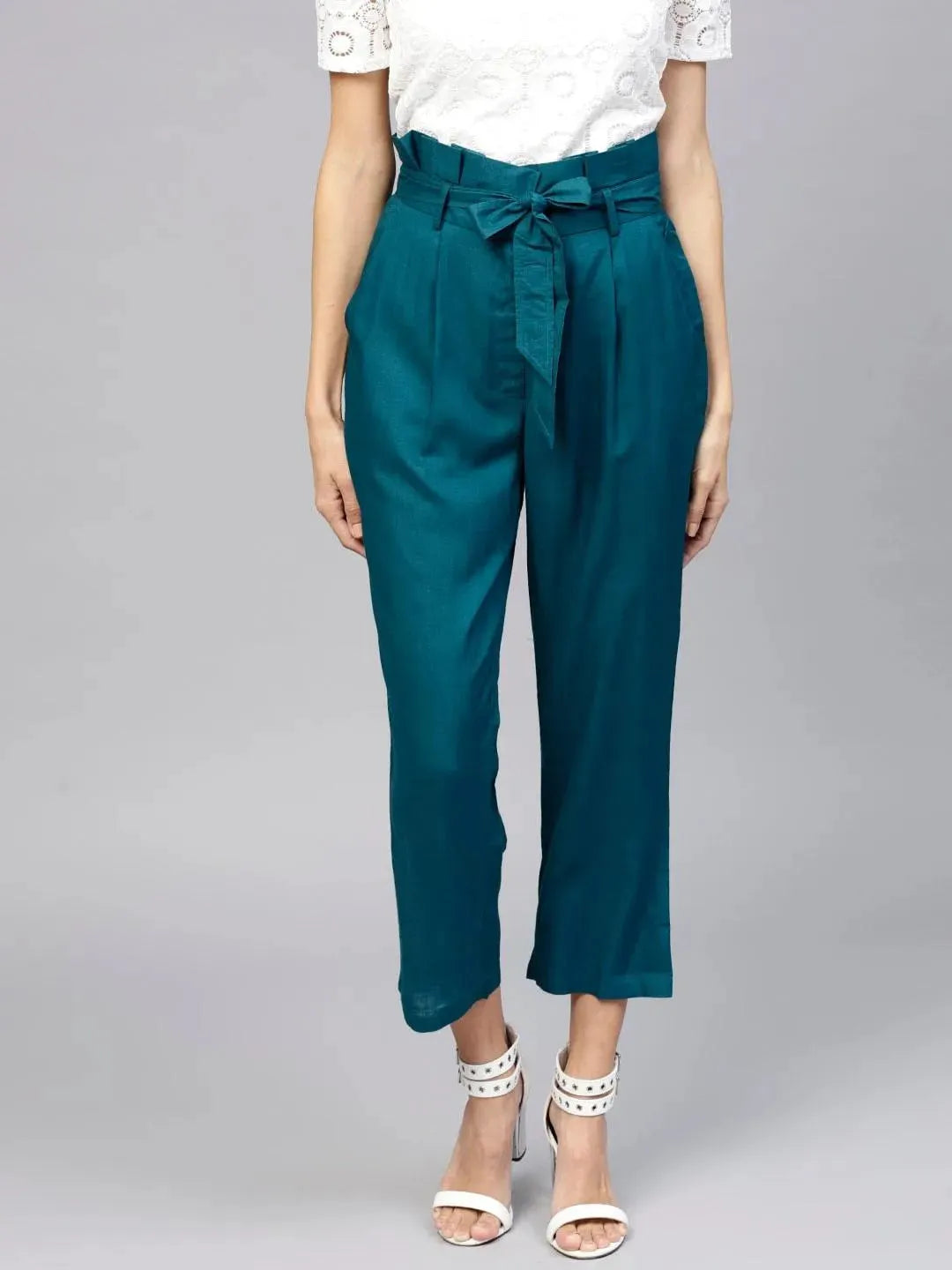 Blue Solid Rayon Trousers - Libas