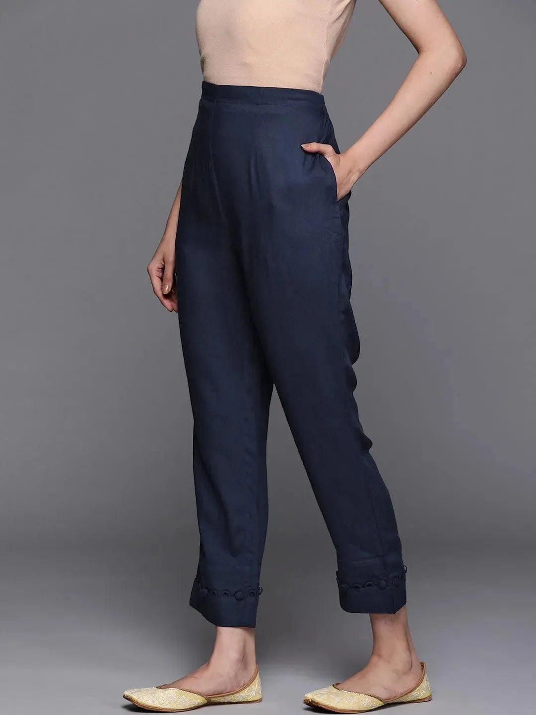 Blue Solid Rayon Trousers - Libas