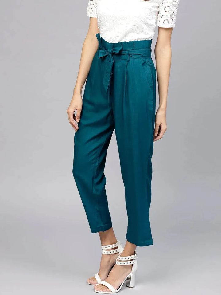 Blue Solid Rayon Trousers - Libas