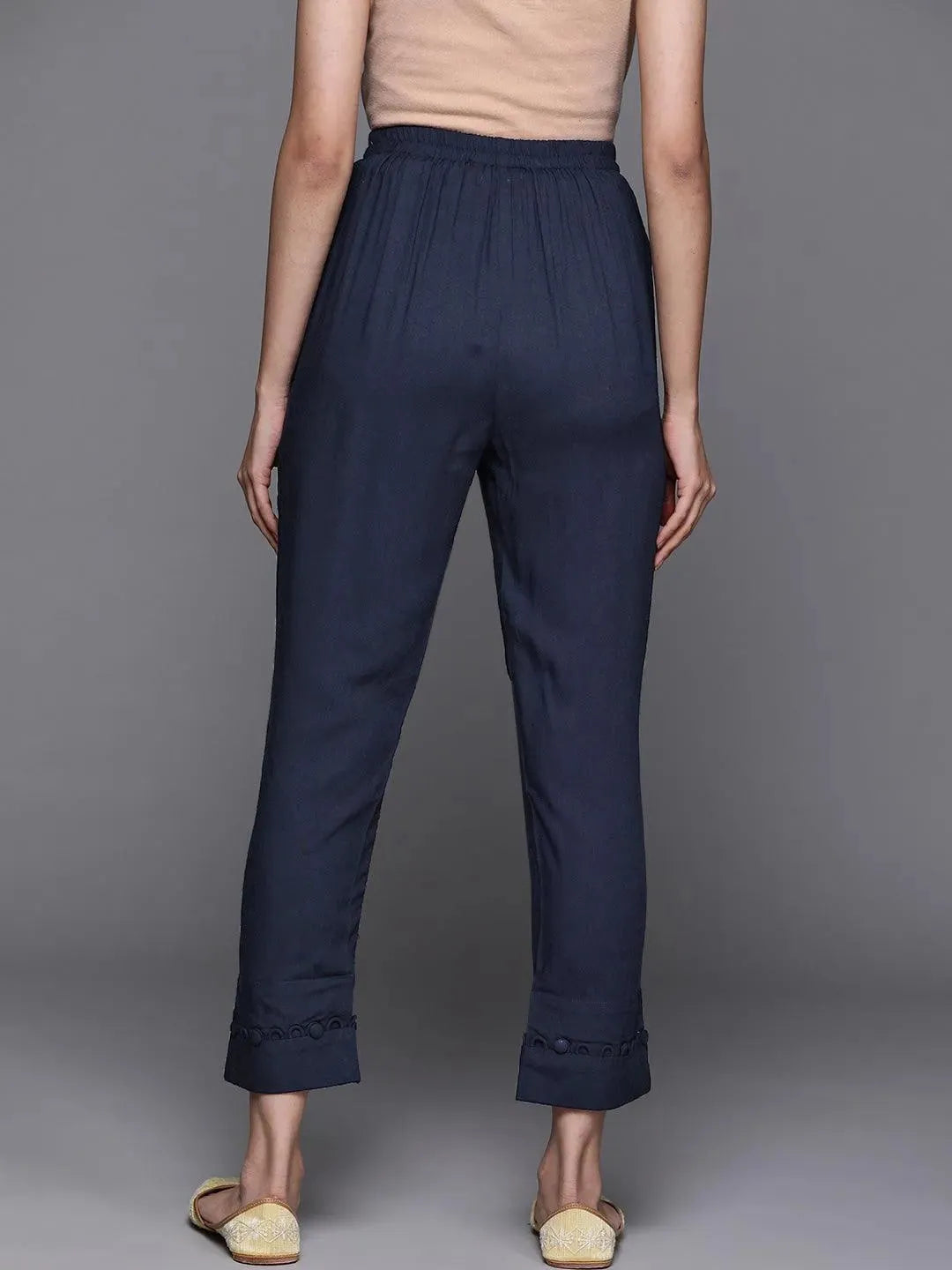 Blue Solid Rayon Trousers - Libas