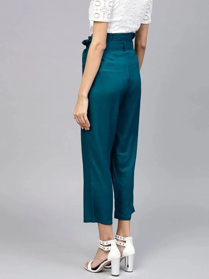 Blue Solid Rayon Trousers - Libas