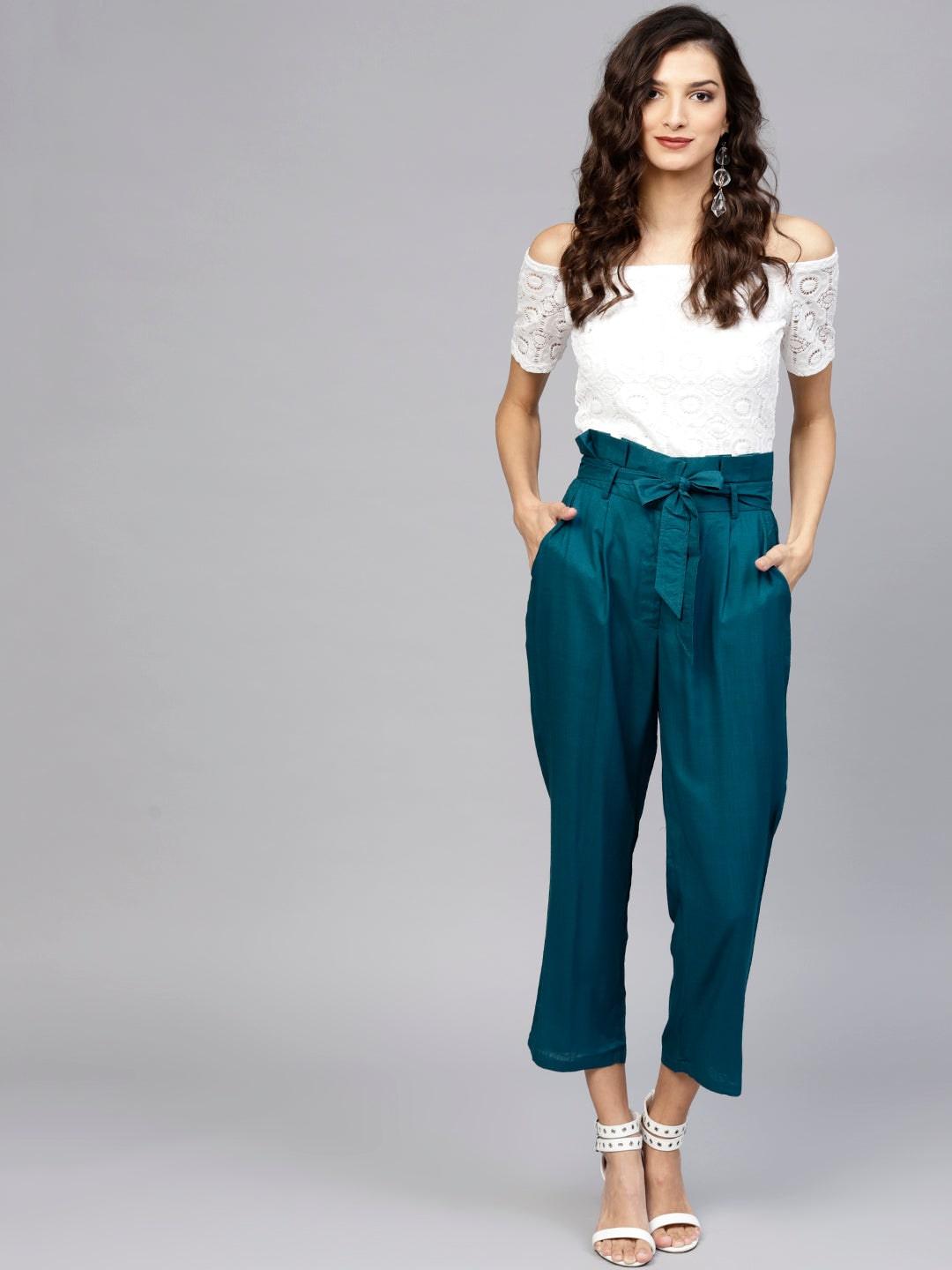 Blue Solid Rayon Trousers - Libas