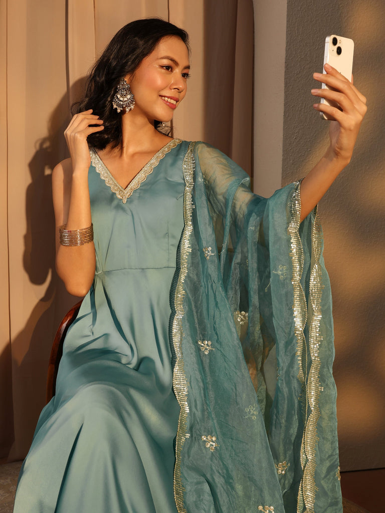 Libas Blue Solid Satin A-Line Suit Set With Dupatta
