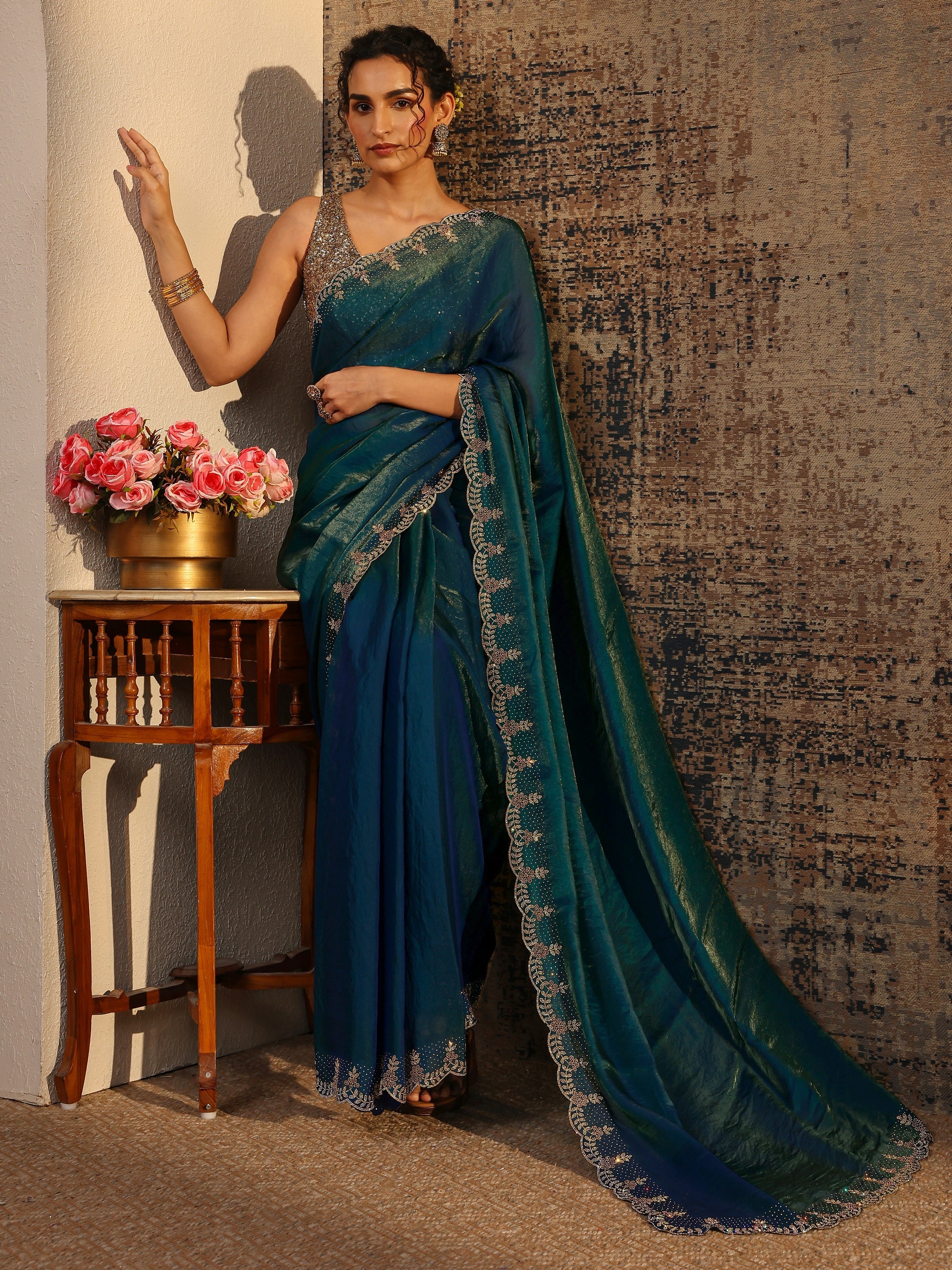libas Blue Solid Satin Saree With Unstitched Blouse Piece-picture-34