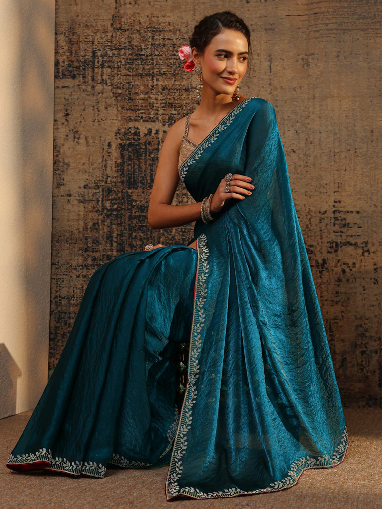 Libas Blue Solid Satin Saree With Unstitched Blouse Piece