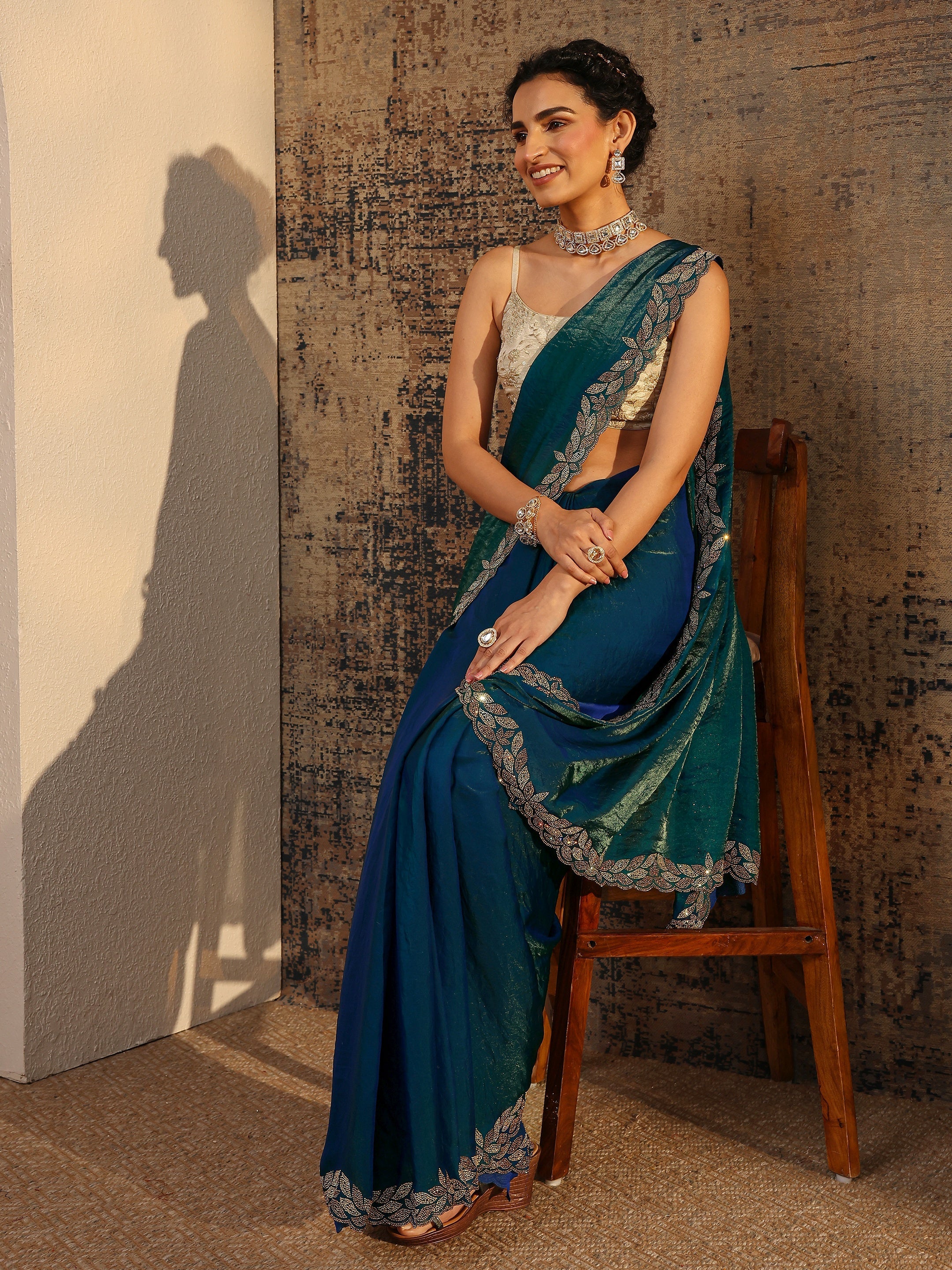 Blue Solid Satin Saree With Unstitched Blouse Piece-image-35