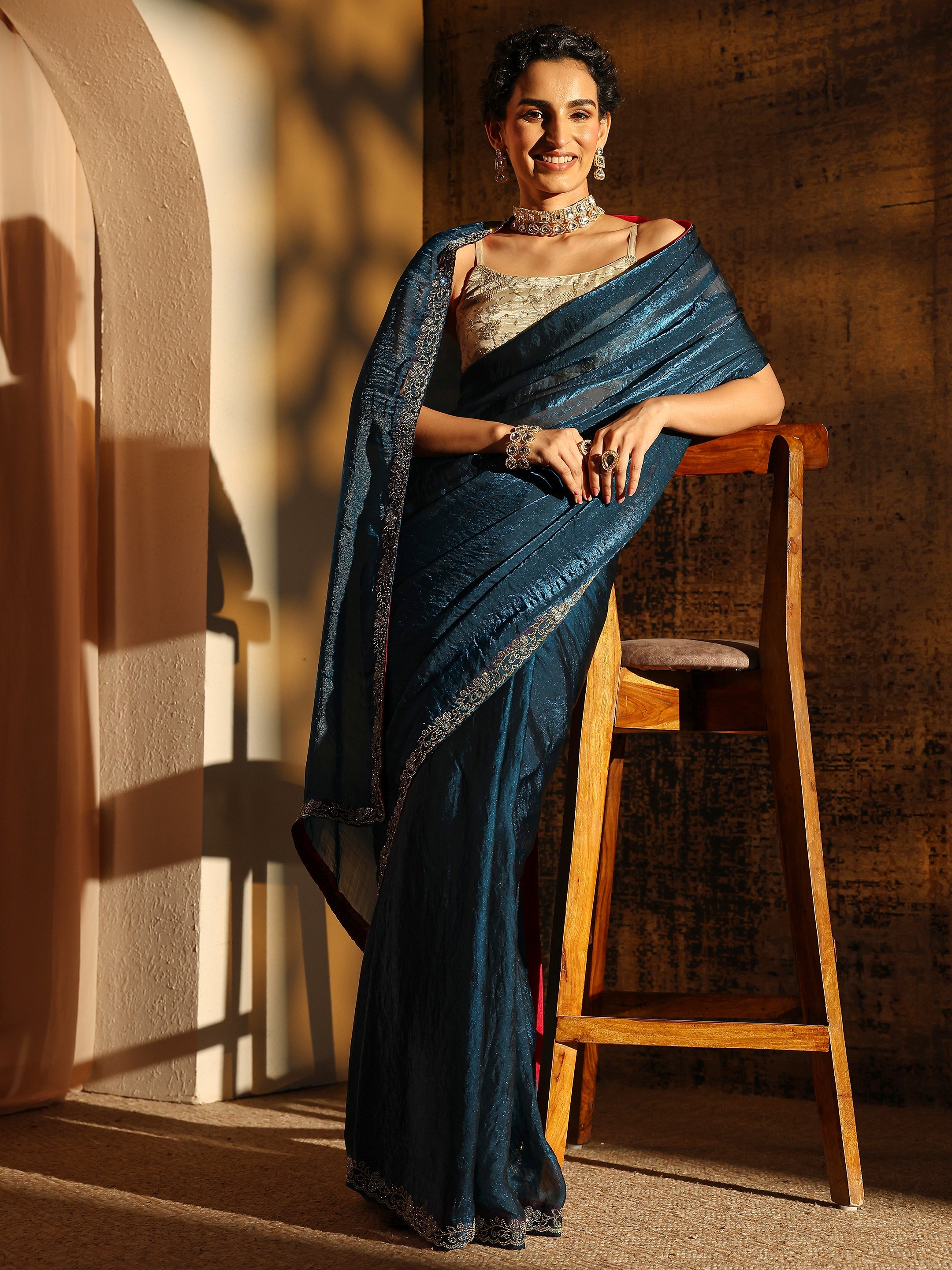 libas Blue Solid Satin Saree With Unstitched Blouse Piece-picture-30