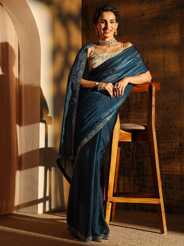 Libas Blue Solid Satin Saree With Unstitched Blouse Piece