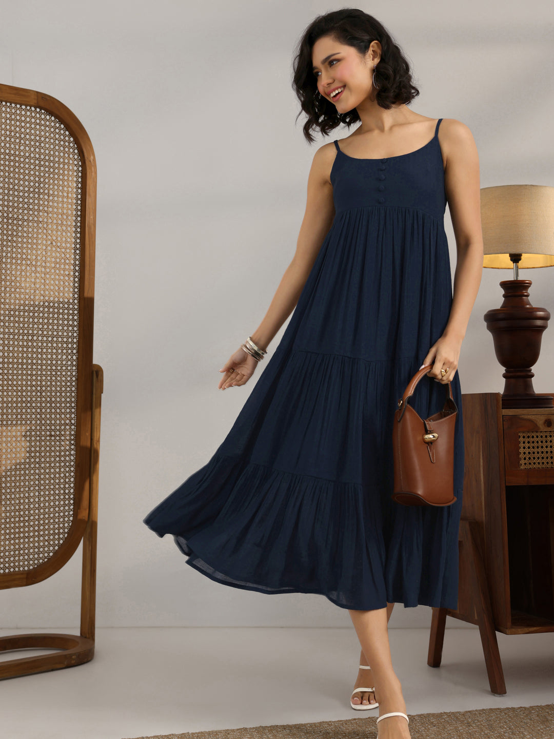 Blue Solid Silk Blend Fit And Flare One Piece Dress