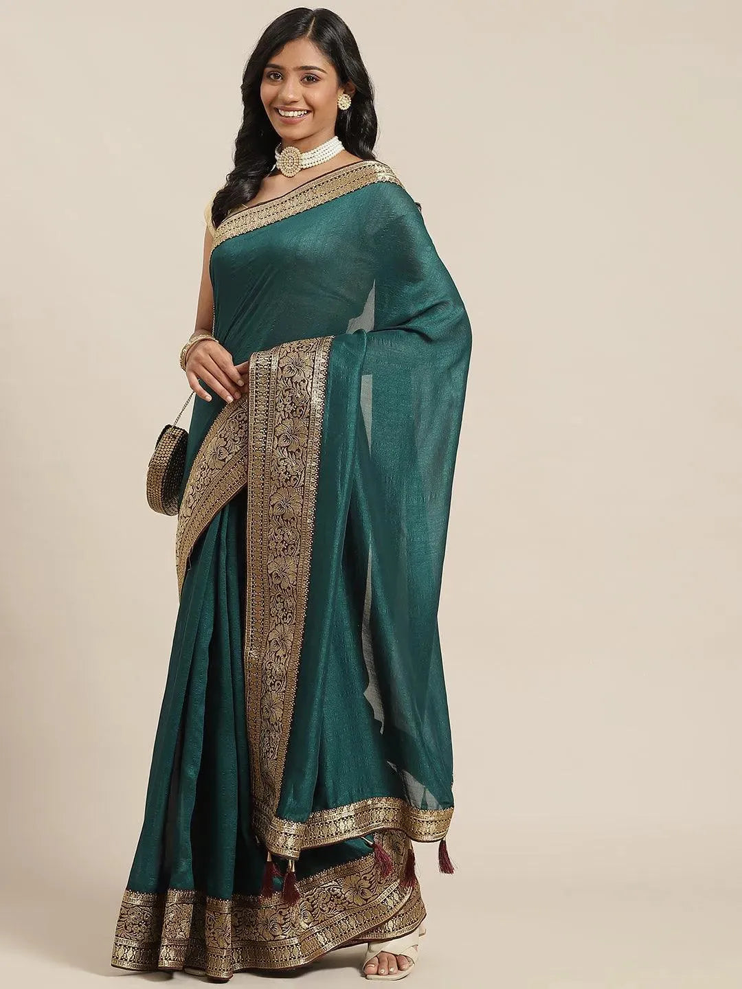 Blue Solid Silk Blend Saree - Libas