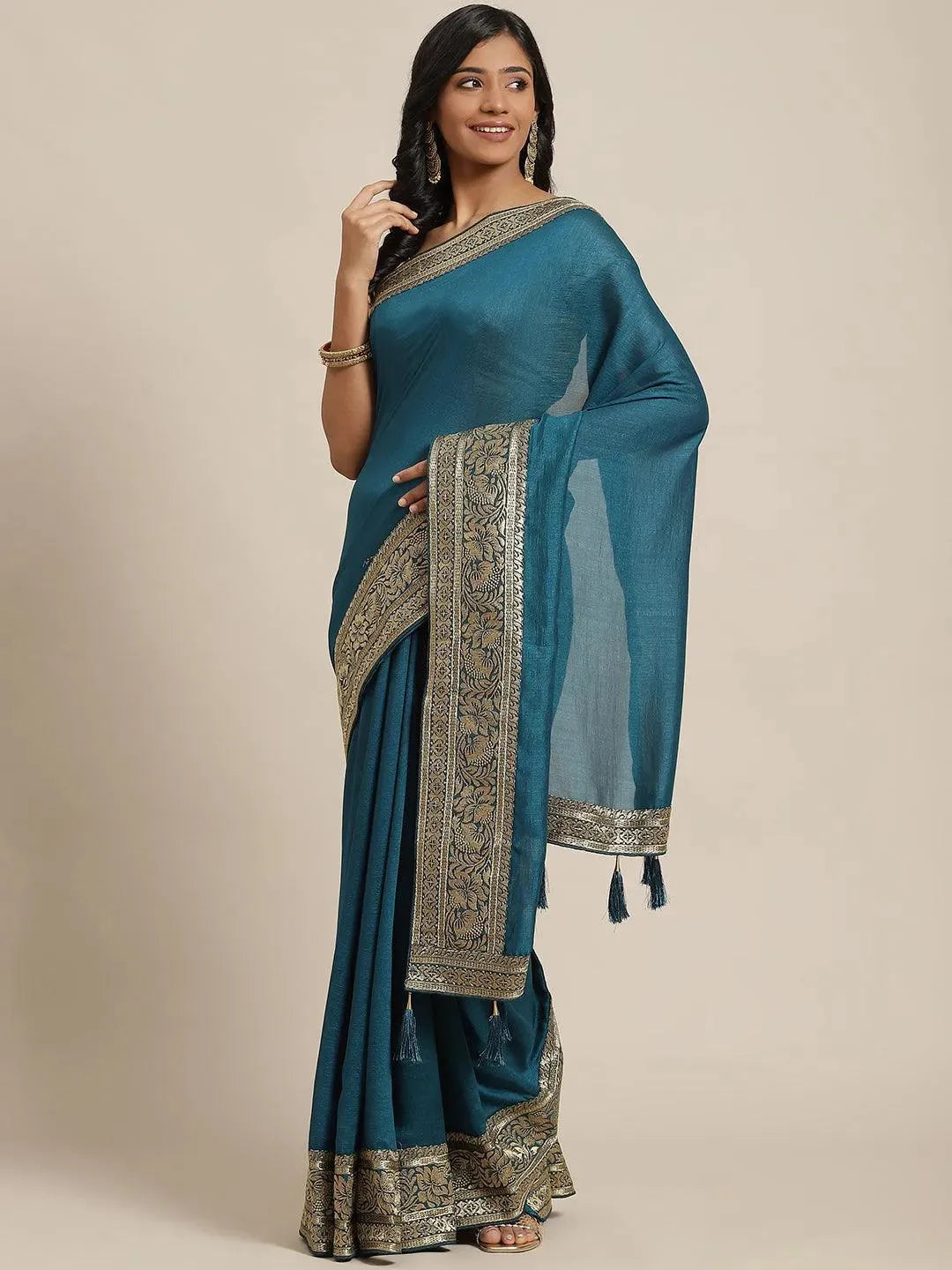 Blue Solid Silk Blend Saree - Libas