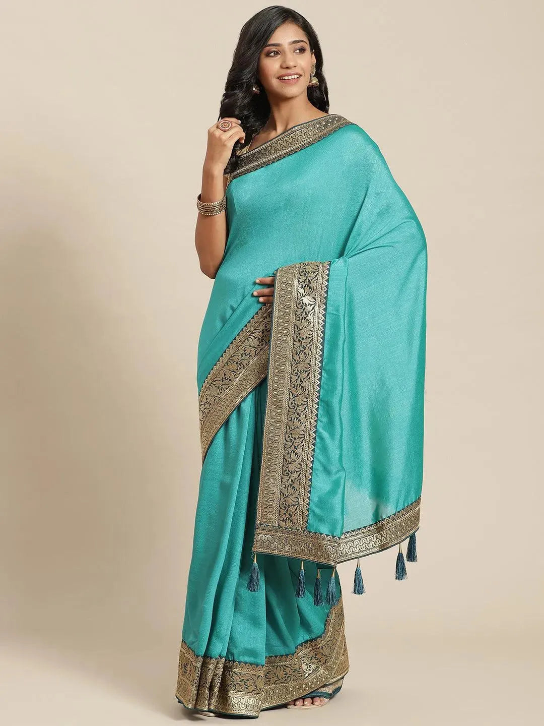 Blue Solid Silk Blend Saree - Libas