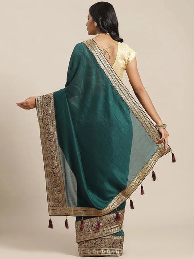 Blue Solid Silk Blend Saree - Libas