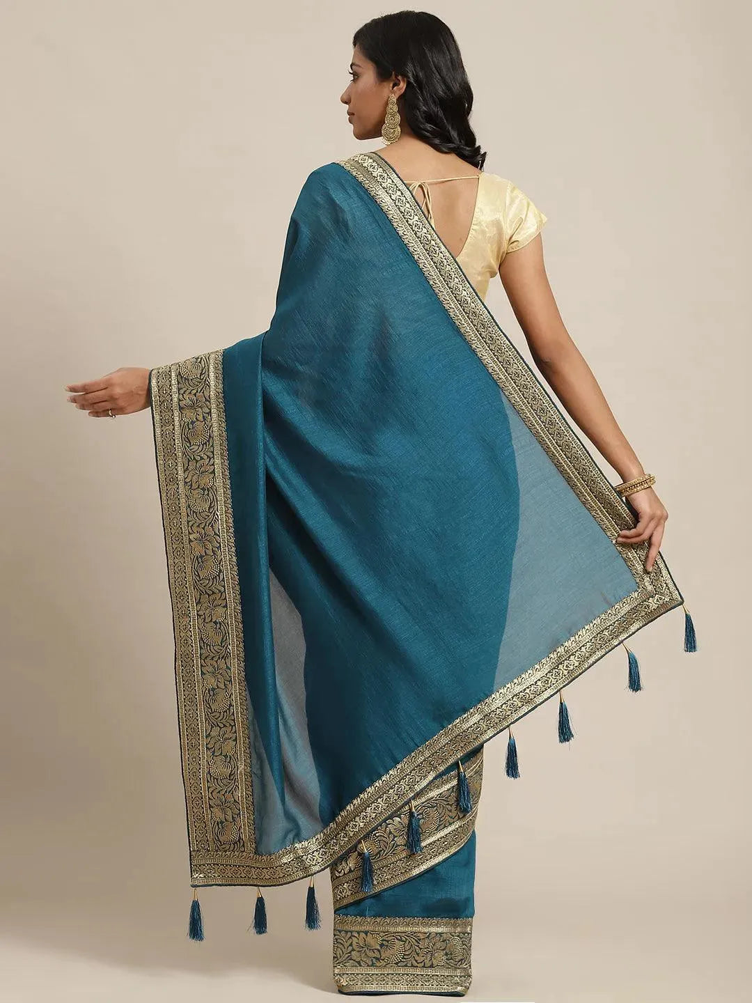 Blue Solid Silk Blend Saree - Libas