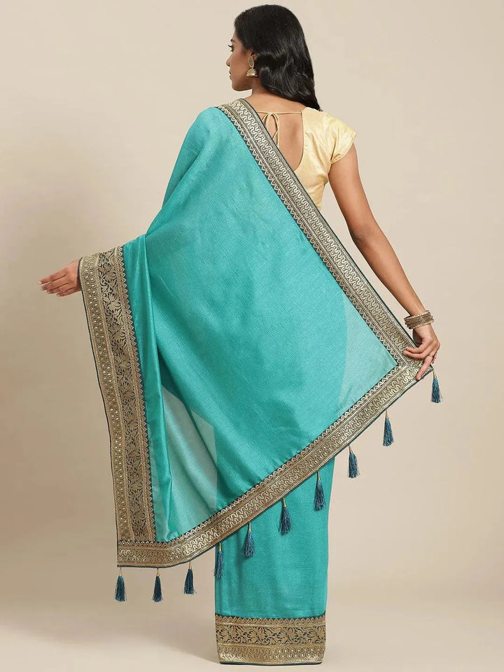 Blue Solid Silk Blend Saree - Libas