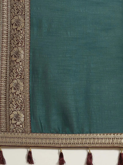 Blue Solid Silk Blend Saree - Libas