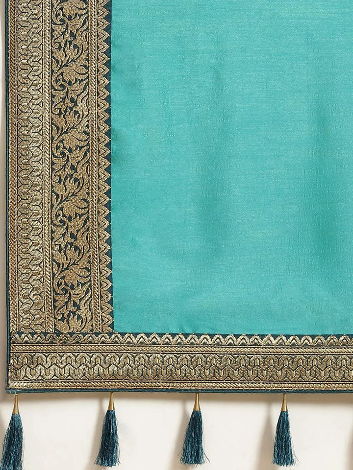 Blue Solid Silk Blend Saree - Libas