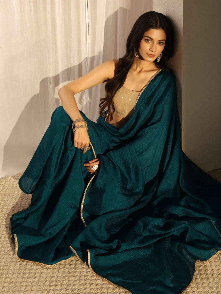 Libas Blue Solid Silk Blend Saree With Unstiched Blouse Piece