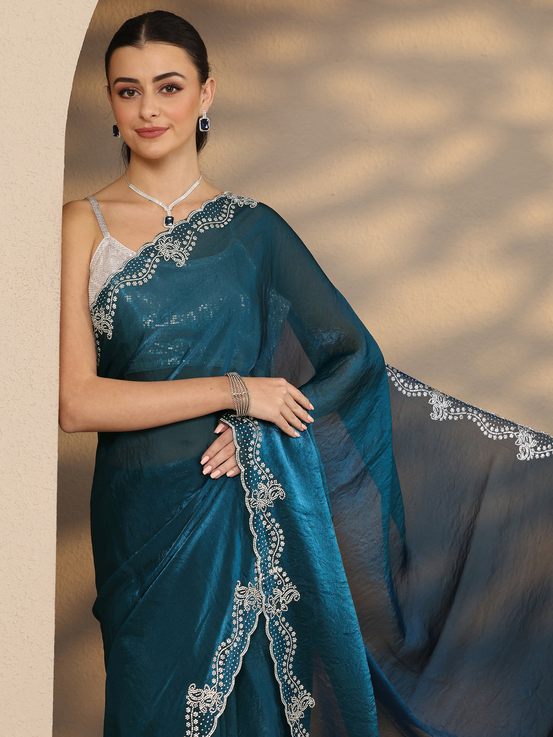  Blue Solid Silk Blend Saree With Unstitched Blouse Piece 