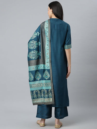 Blue Solid Silk Blend Suit Set - Libas