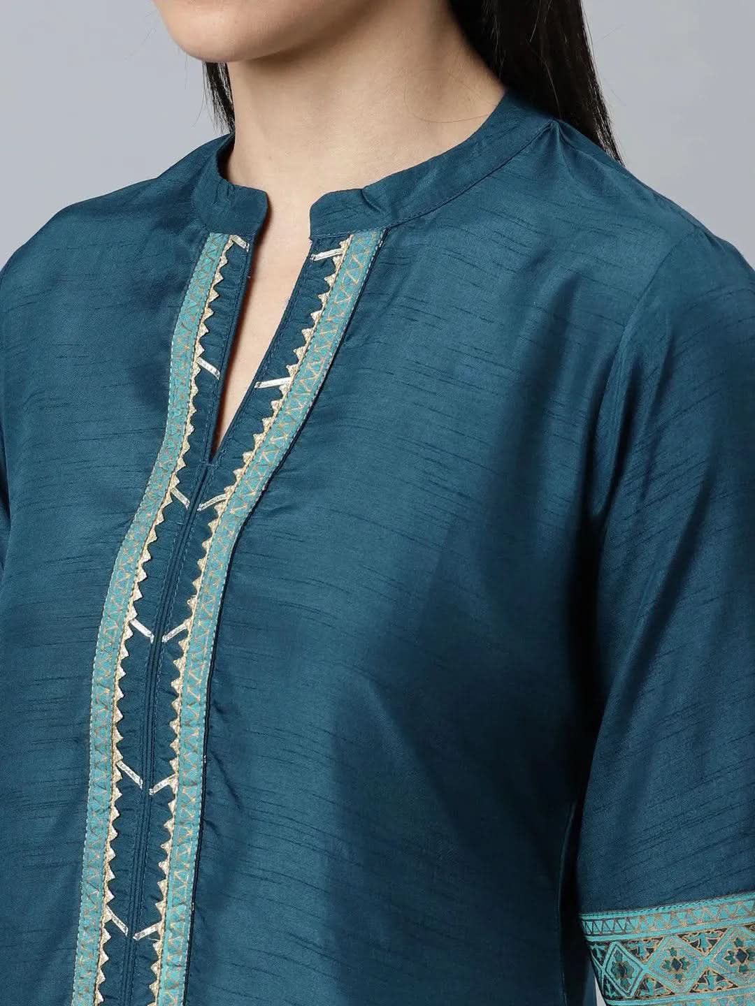 

Blue Solid Silk Blend Straight Kurta With Palazzos & Dupatta