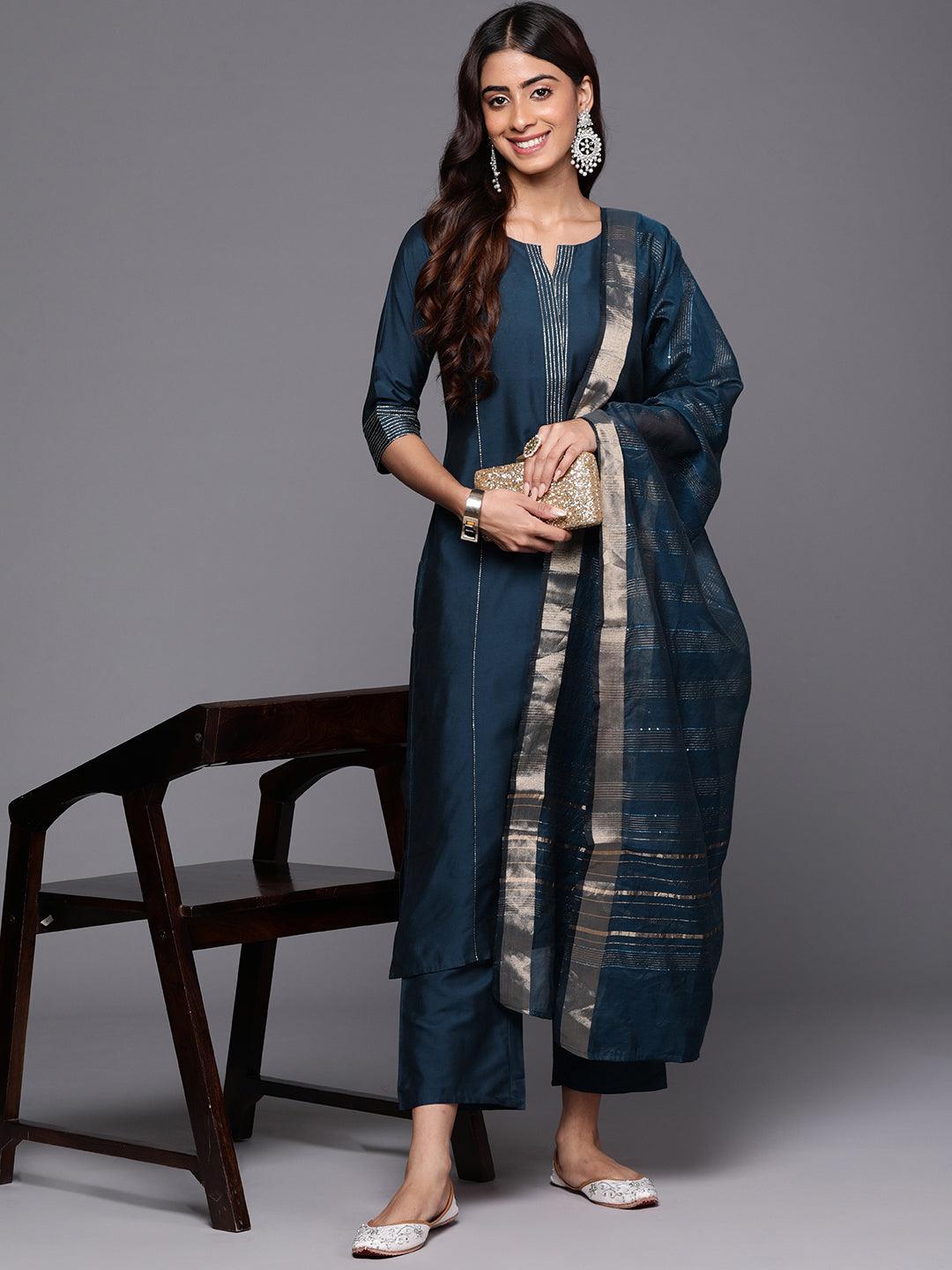 Blue Solid Silk Blend Straight Suit With Dupatta