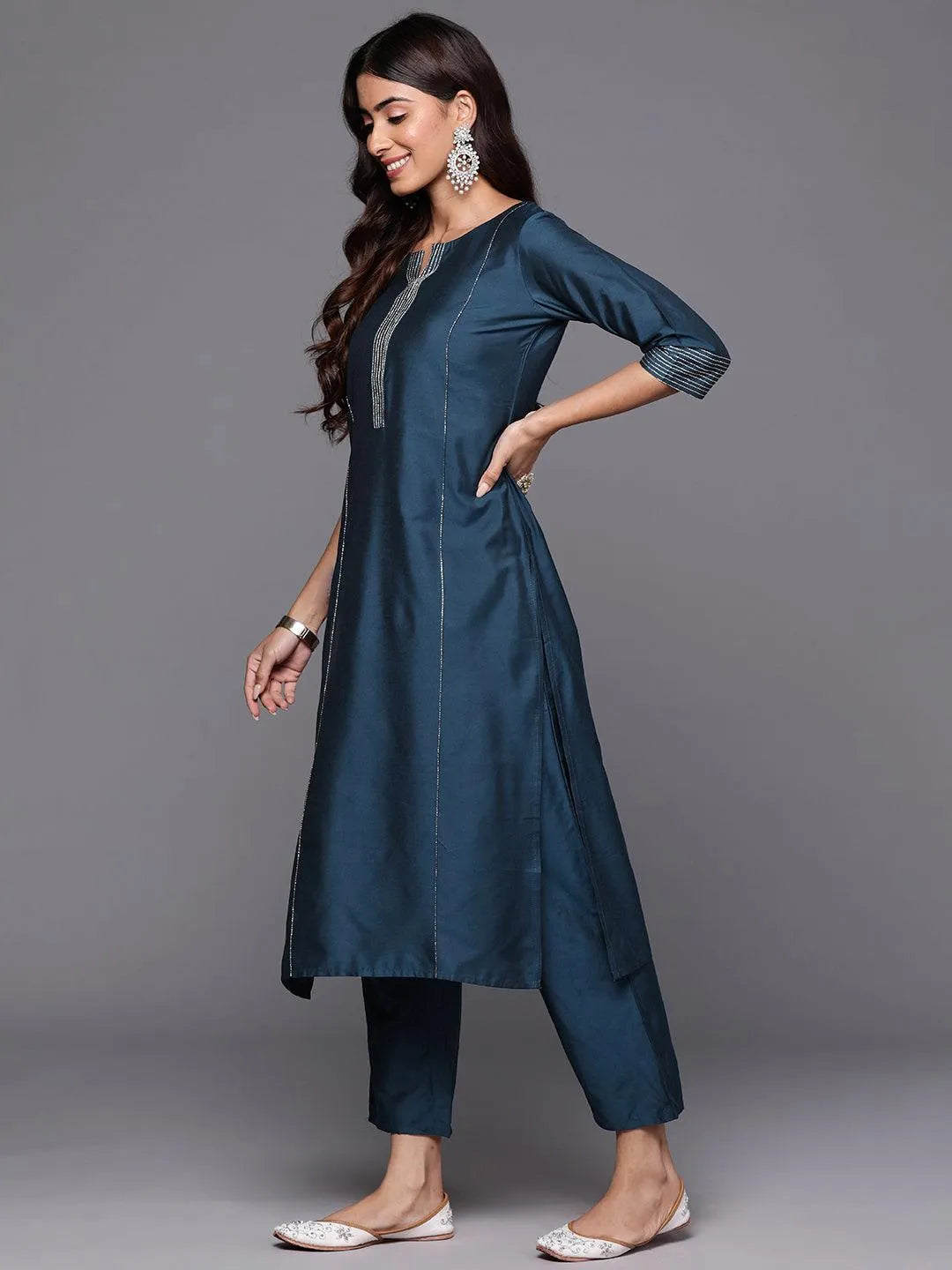 Blue Solid Silk Blend Straight Kurta With Trousers & Dupatta - Libas 
