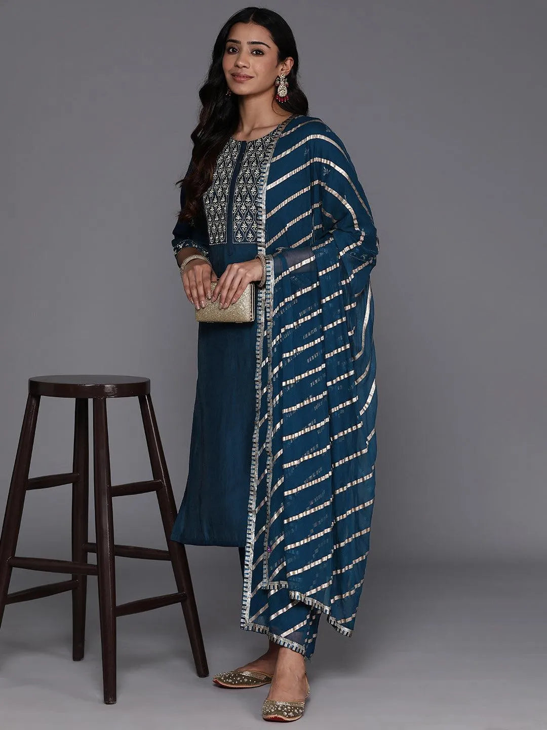 Blue Solid Silk Suit Set