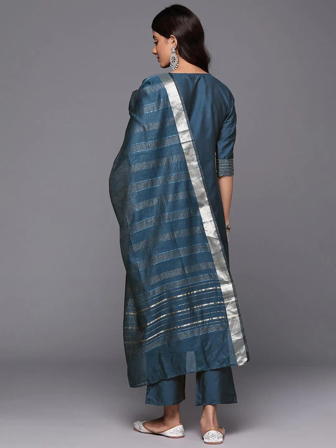 Blue Solid Silk Blend Straight Kurta With Trousers & Dupatta - Libas 
