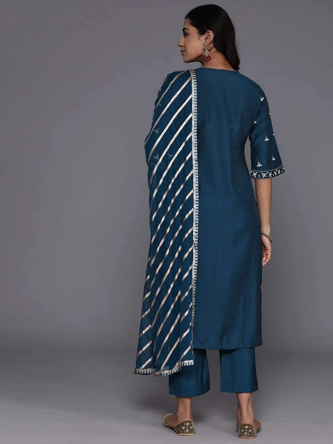 Blue Printed Silk Blend Straight Suit Set With Dupatta