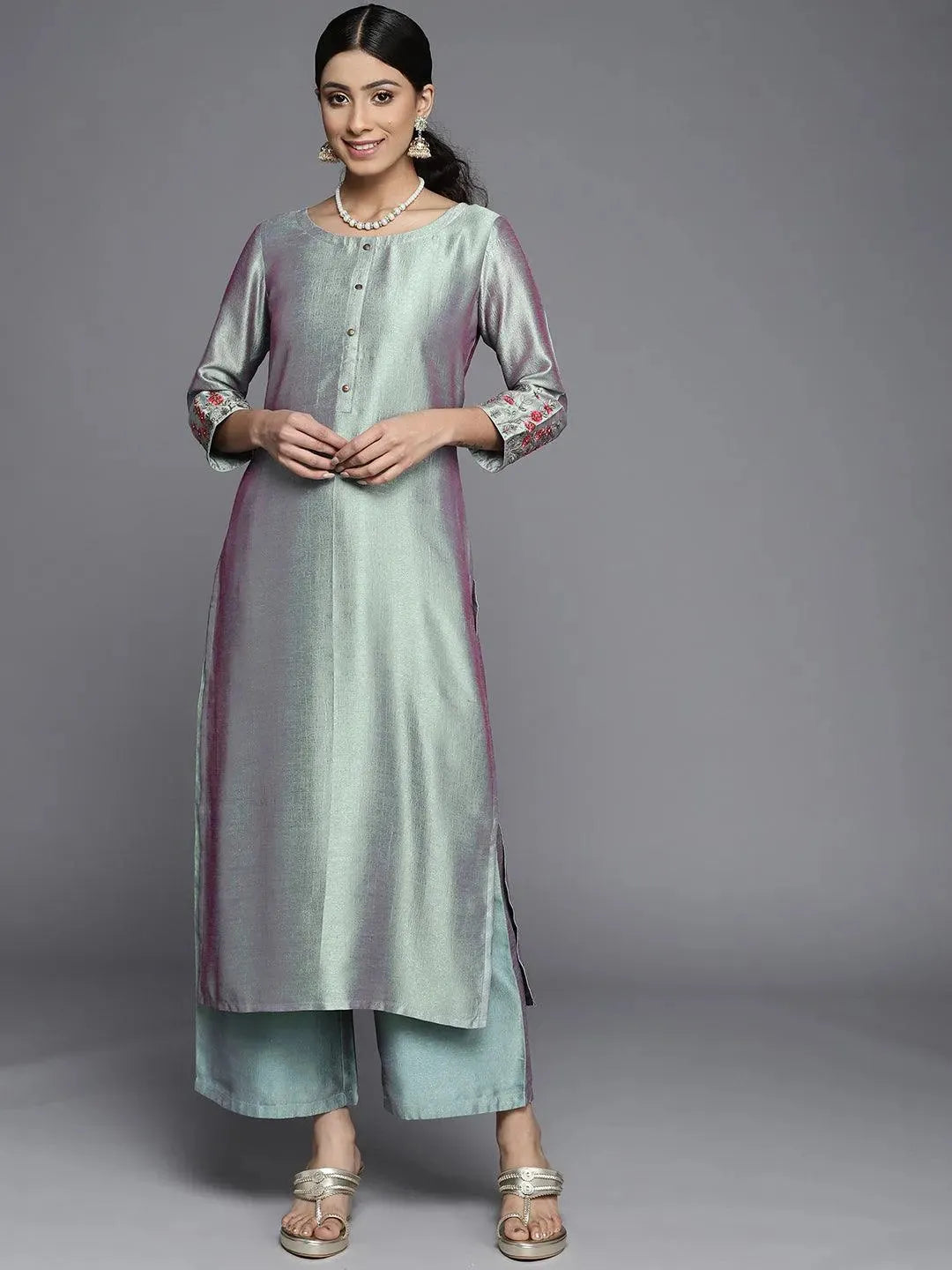 Blue Solid Silk Kurta - Libas