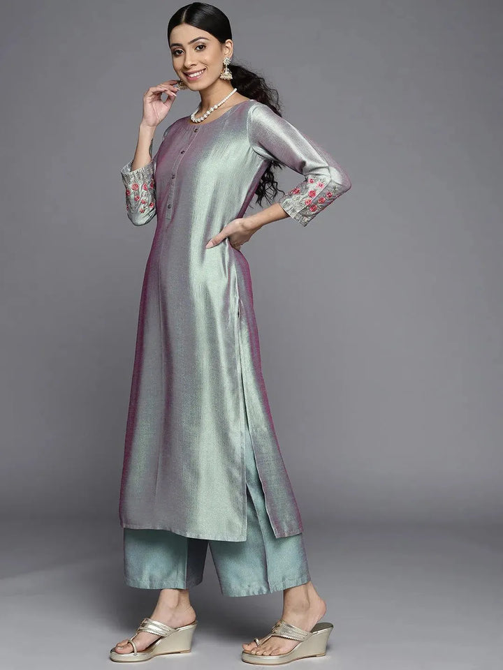 Blue Solid Silk Kurta - Libas