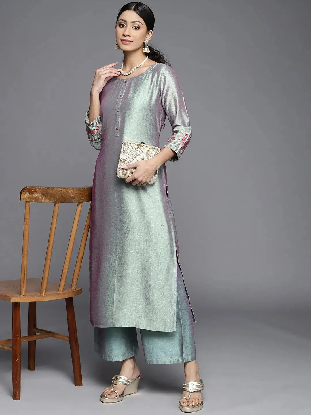 Blue Solid Silk Kurta - Libas