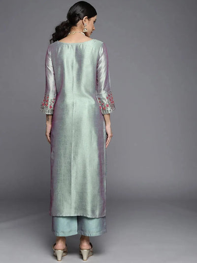 Blue Solid Silk Kurta - Libas