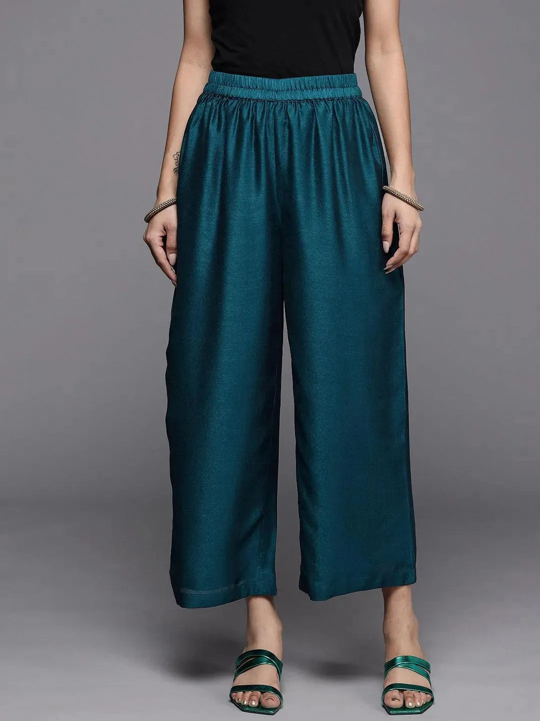Blue Solid Silk Palazzos - Libas