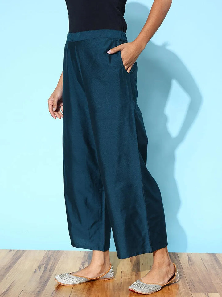 Blue Solid Silk Palazzos - Libas