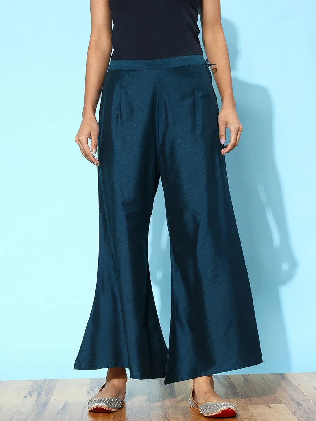 Blue Solid Silk Palazzos - Libas