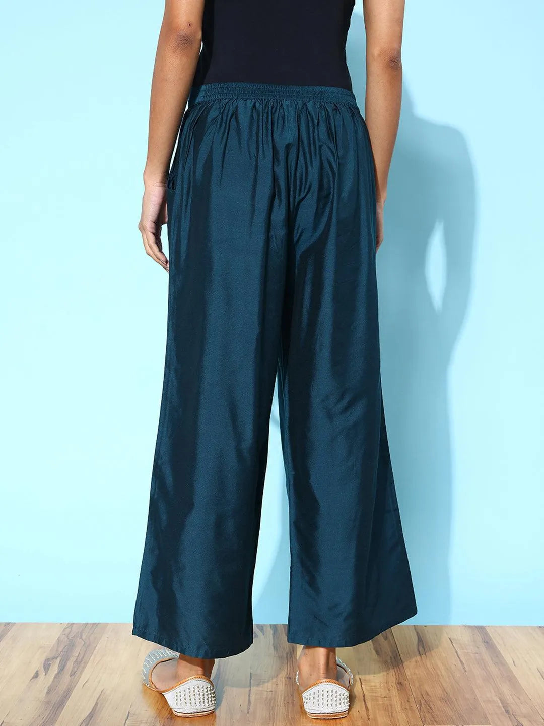 Blue Solid Silk Palazzos - Libas