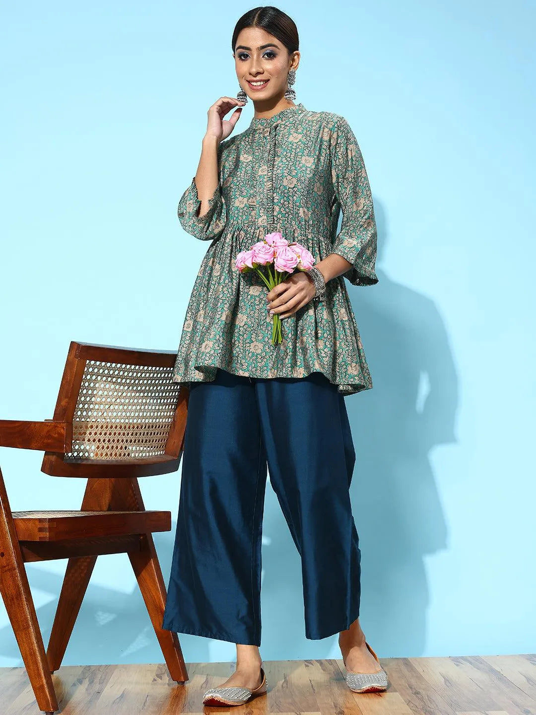 Blue Solid Silk Palazzos - Libas 