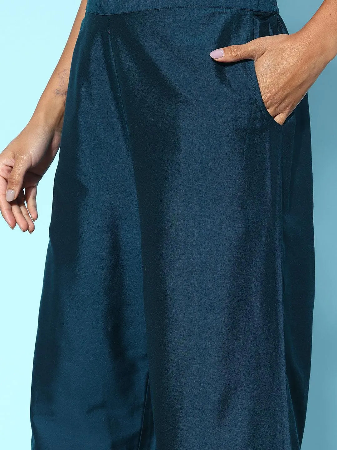Blue Solid Silk Palazzos - Libas 