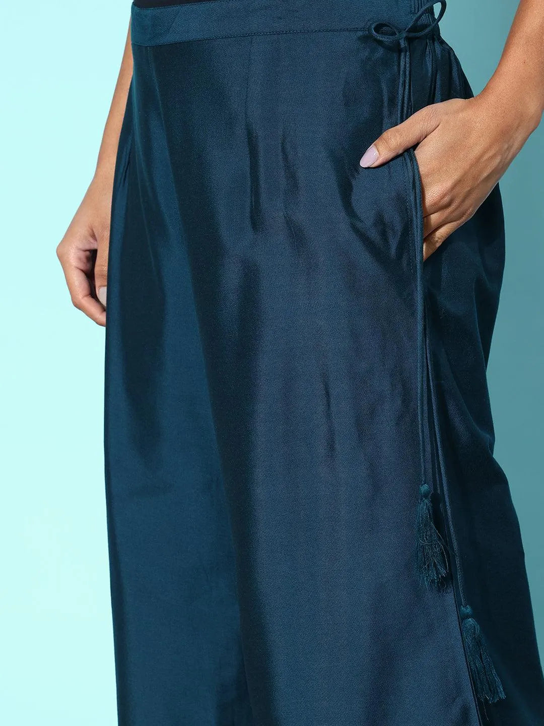 Blue Solid Silk Palazzos - Libas